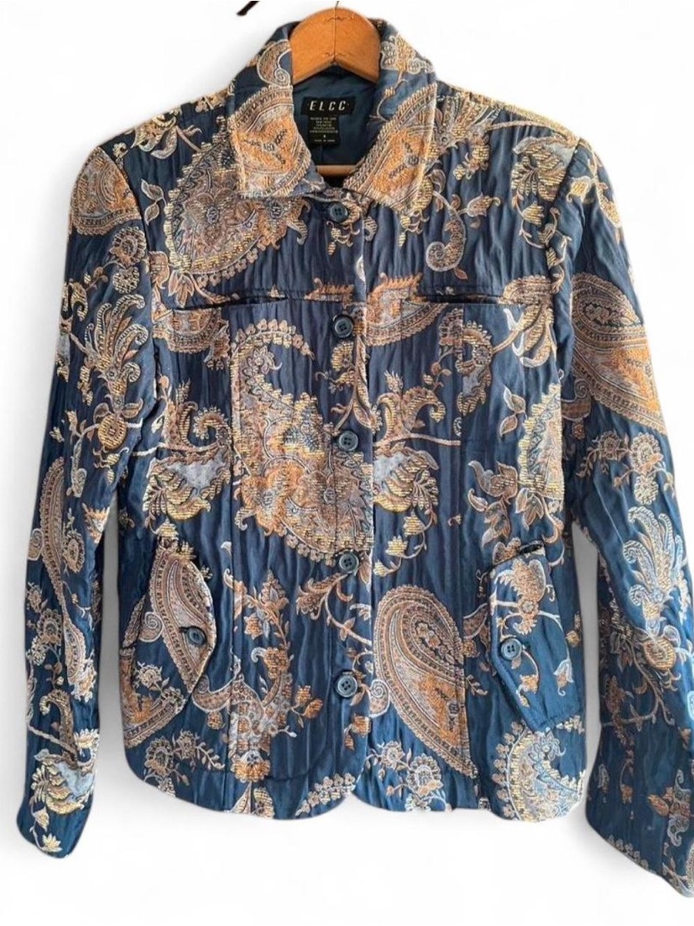 ELCC Blue Paisley Quilted Jacket Embroidered Paisley Retro Vibe Vintage
